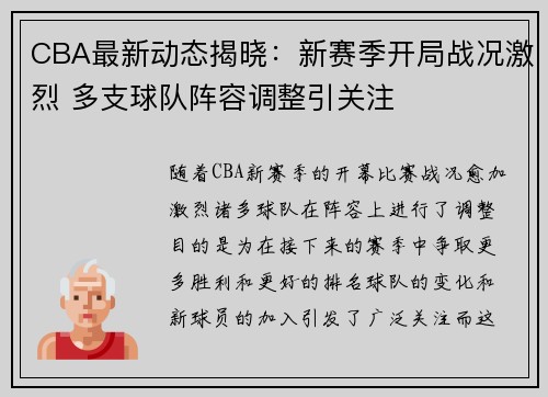 CBA最新动态揭晓：新赛季开局战况激烈 多支球队阵容调整引关注